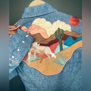 Vintage Salaminder Western Pearl Snap Button Shirt Medium Desert USA Embroidered